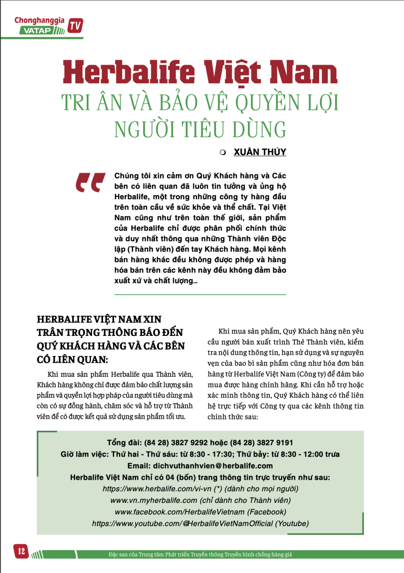 Herbalife Việt Nam Tri Ân và Bảo Vệ Quyền Lợi Người Tiêu Dùng
